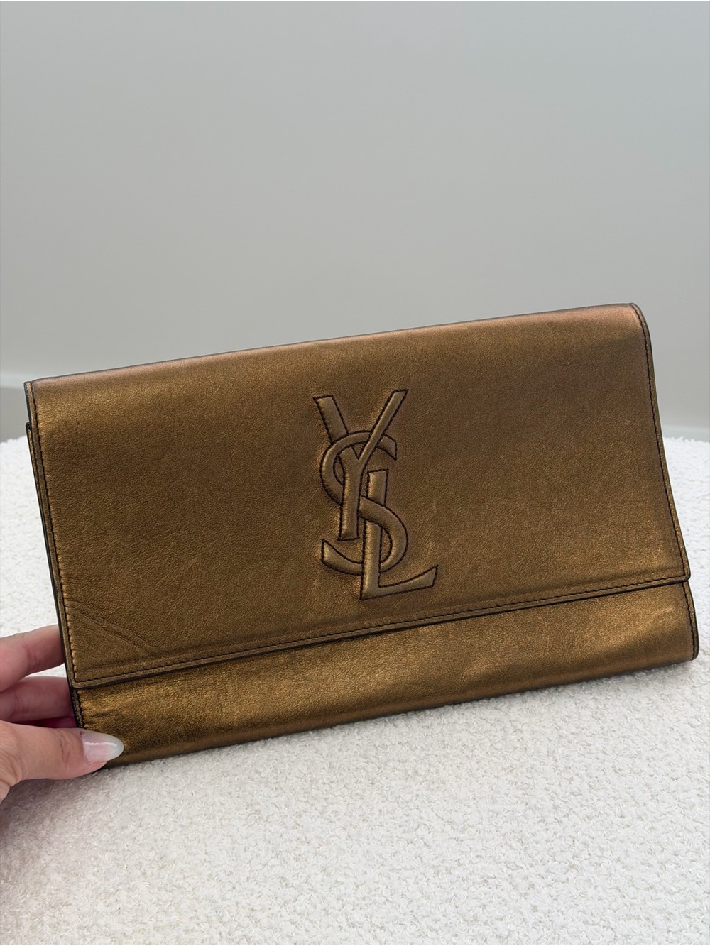 Saint Laurent Bronze Metallic YSL Fold-Over Clutch